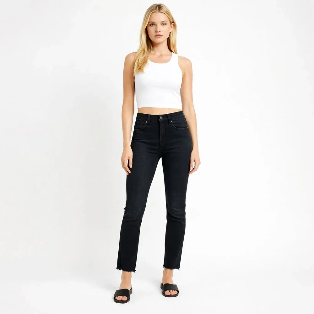 rag & bone High Rise Cropped Slim Leg Jeans Raw Hem Black 26 #0193